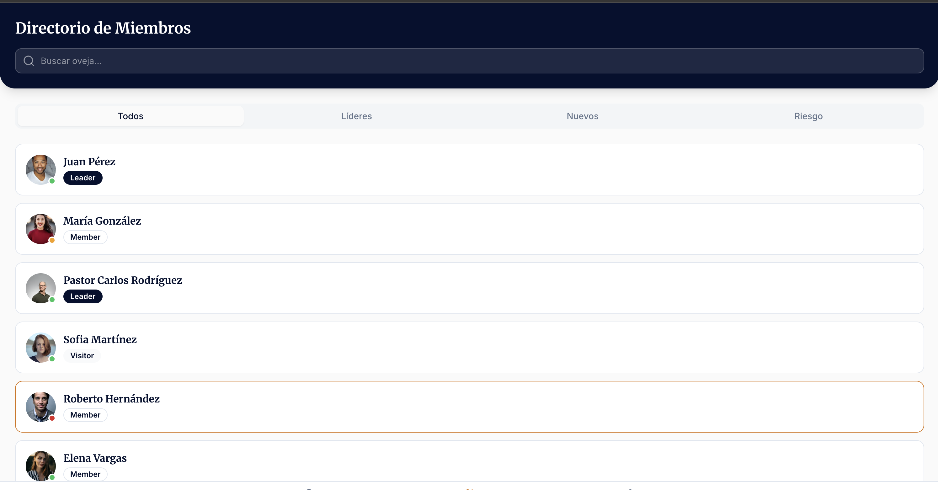 Directorio de miembros en Nodux.church con opciones de búsqueda y filtrado